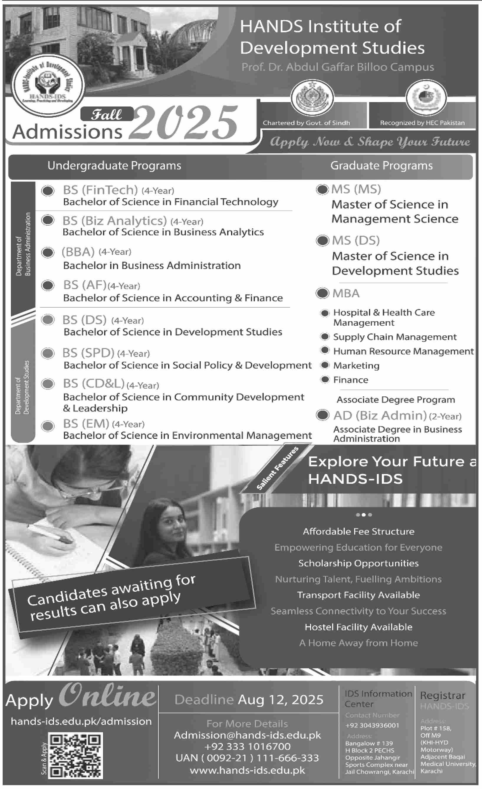 Admission Open in Hands Institute of Development Studies Karachi